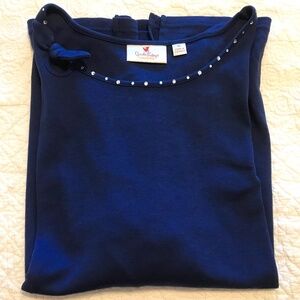 QF blue t-shirt embellished with rhinestoned collar & cute bow (XL)